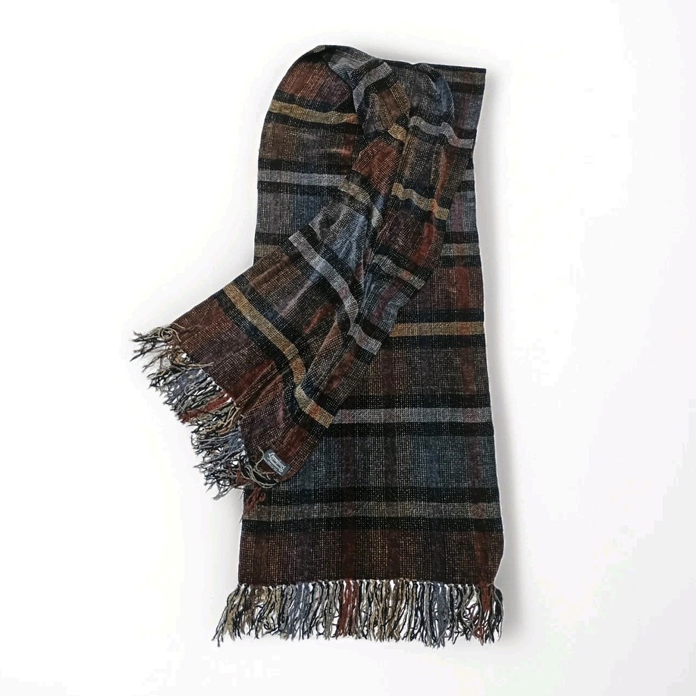 VintageLoominus Handwoven Chenille Scarf Brown Copper Gray USA Fringe 16" x 83"